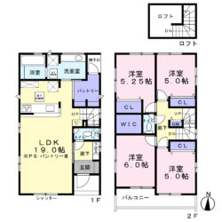 ◆４LDK＋パントリー＋WIC＋ロフト＋カースペース並列２台間取